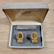 Vintage Swank Mesh Wrap Cuff Links Gold Tone Amber Box