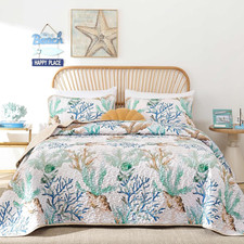 Coastal Quilt Set King Size Green Nautical Beach Quilt Coverlet Reversible Light