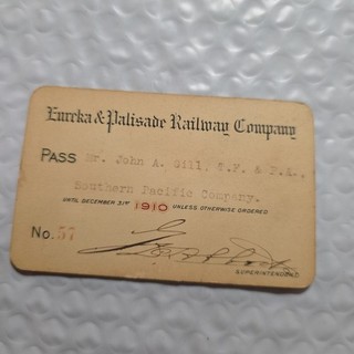 1910 Eureka & Palisade Eisenbahn Eisenbahn Jahreskarte Schiene