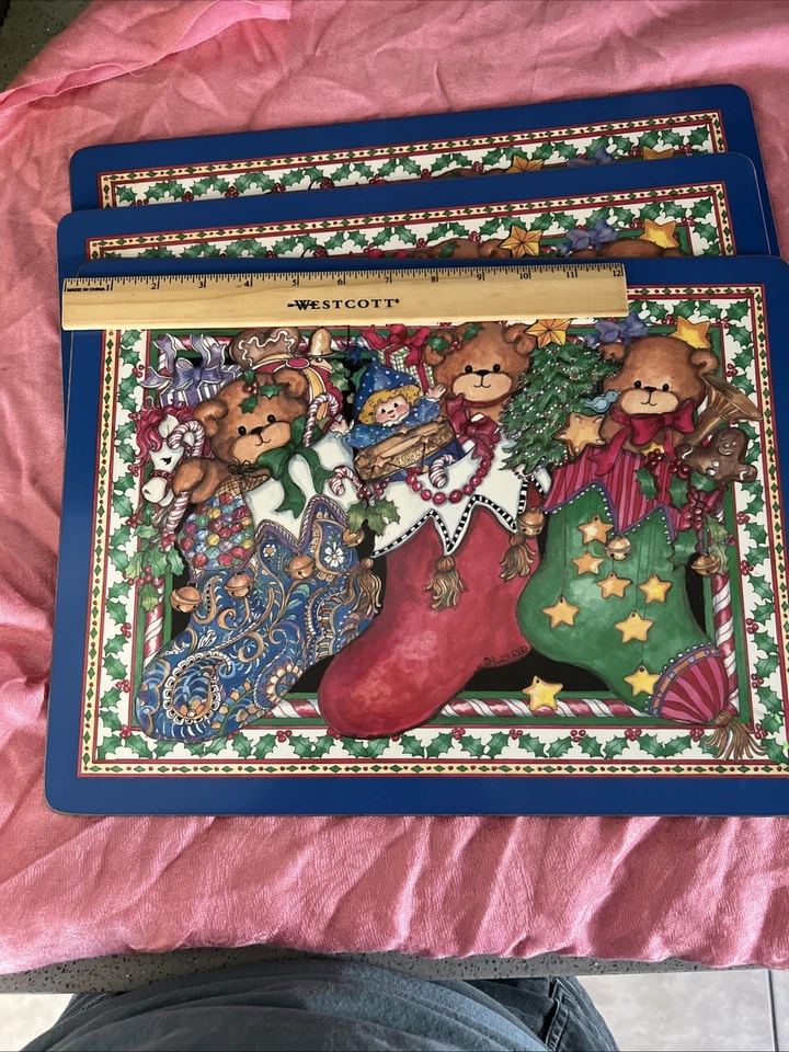 Juego de 3 Medias Vintage Navidad Oso de Peluche Manteles '91 Lucy Rigg  Foto 2 de 4