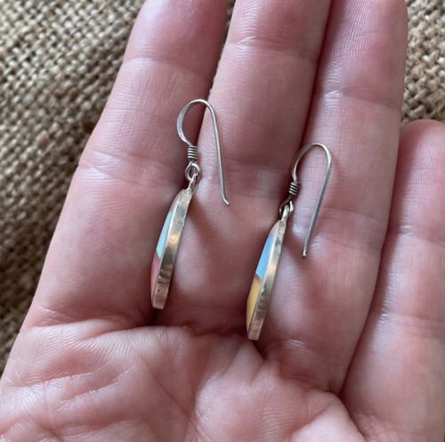Mother Of Pearl Shell Inlay Sterling Silver Stamped Earrings Dangly Hoop 925 - Picture 10 of 16