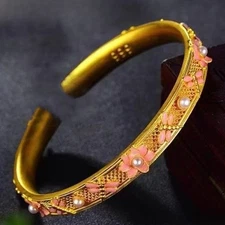 Gold Plated Embossed Floral Cuff Bracelet Rhinestone Open Bangle Women