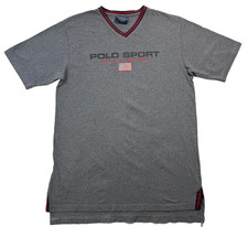 T-shirt vintage anni 90 Polo Sport Ralph Lauren con scollo a V in grigio - ta...