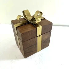 Wooden Gift Box Decor With Hinged Lid And Gold Bow Holiday Christmas Storage Box