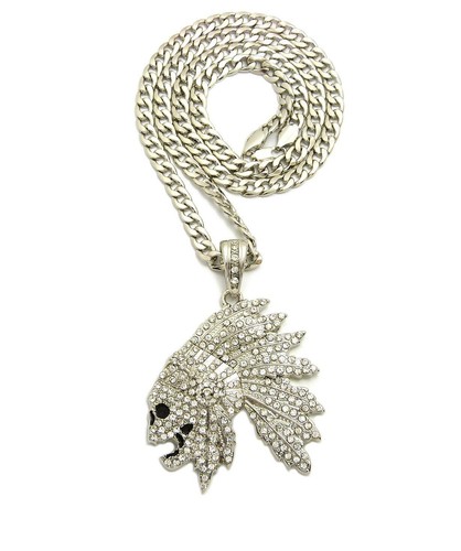 SILVER PLATED ALLOY CUBIC ZIRCONIA SKULL CHIEF & CUBAN CHAIN HIP HOP NECKLACE - Picture 3 of 6