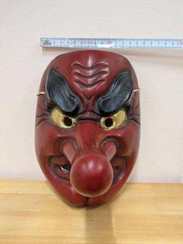 Maschera giapponese vintage Tengu Oni Kagura Noh demone rosso interno Giappone asiatico - Foto 6 di 7