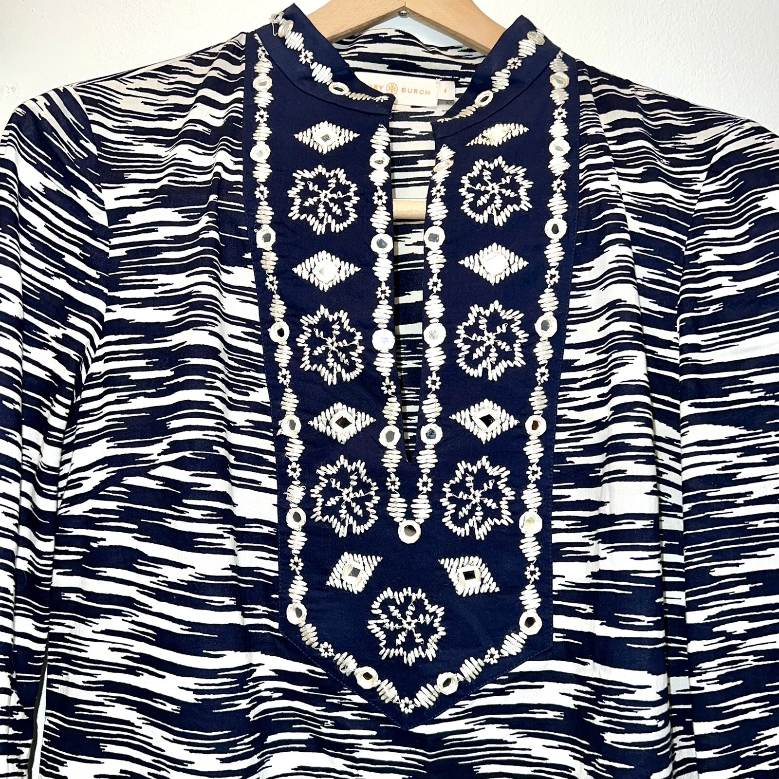 Tunica TORY BURCH impreziosita manica lunga ricamata blu bianca taglia 4