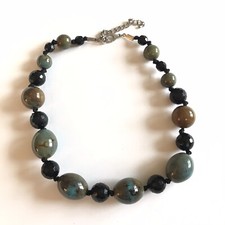 Artisan Ceramic Bead Necklace Blue Green Ceramic Beads Black Faceted Beads
