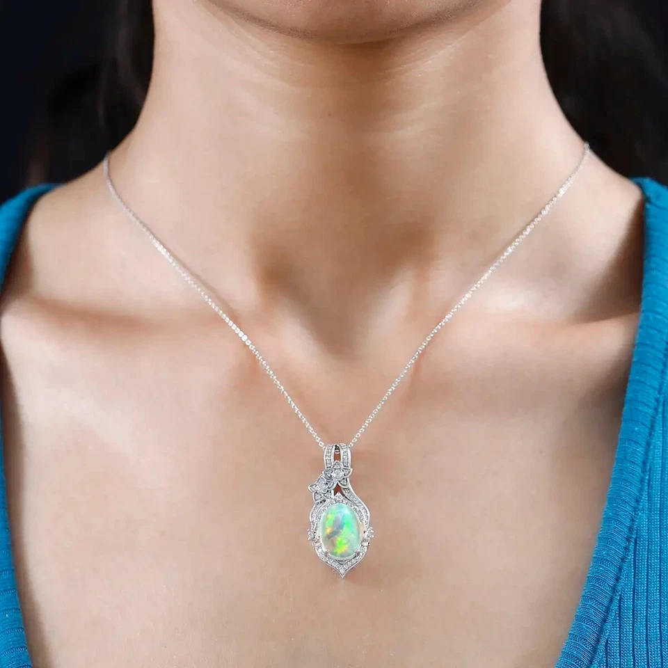 Premium Ethiopian Welo Opal & White Zircon Necklace in Platinum over Silver - Image 3 of 4