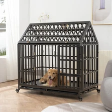 44/48/52" Dog House Heavy Duty Dog Cage Pet Crate W/ Roof & Window On Roof Black