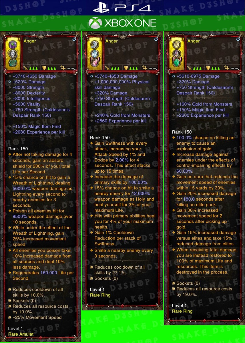 Dablo 3 - PS4 - Xbox One - Fully Modded Crusader Exp Set - 35K Exp Per