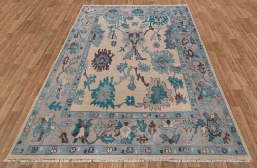 8x10 Niebieski Beżowy ręcznie tkany dywan wełniany Oushak Angora I Darmowa wysyłka I 5701 - Zdjęcie 1 z 9