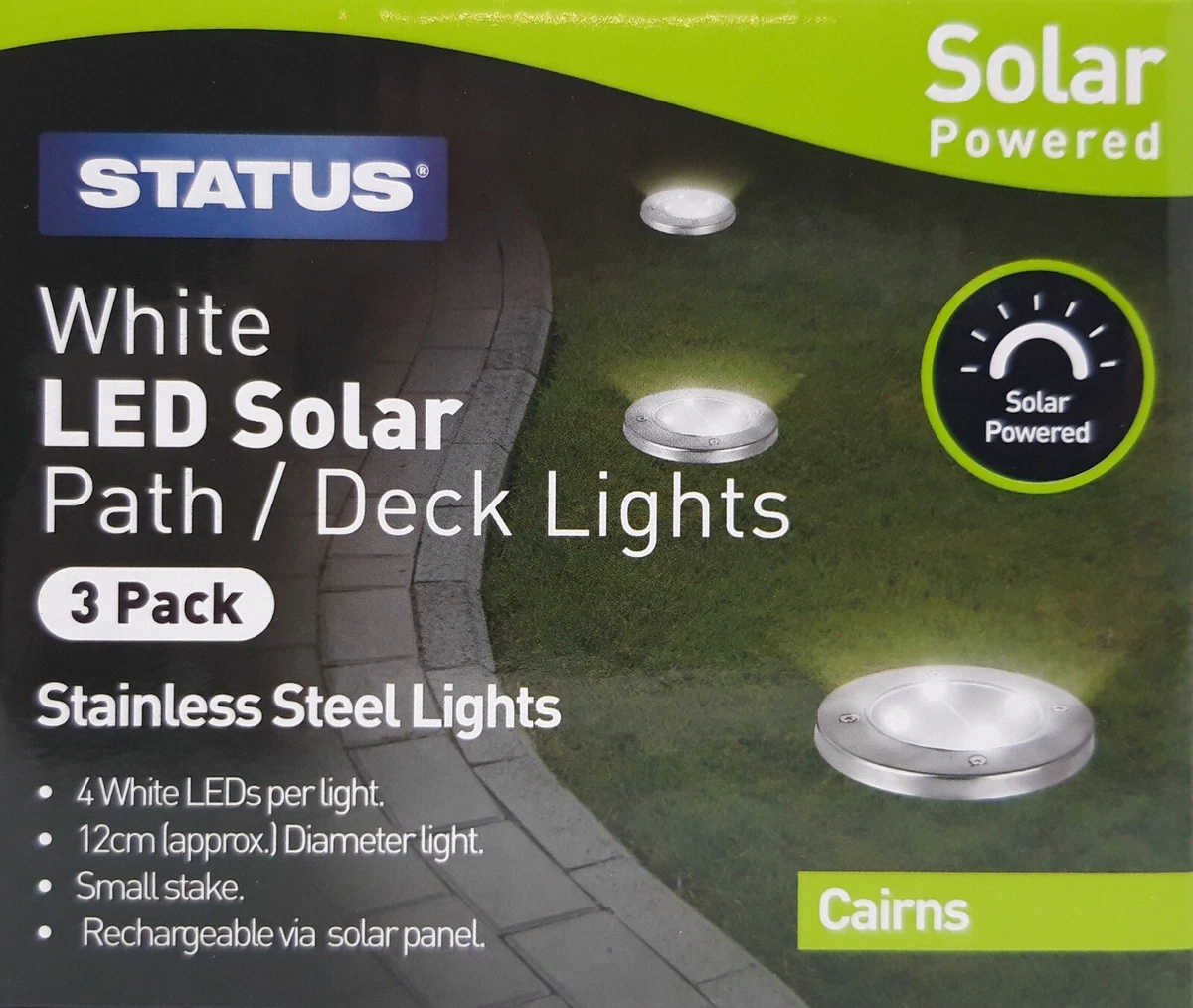 3 Pack White LED Solar Path Deck Lights Stainless Steel Silver 12cm Dia Bright