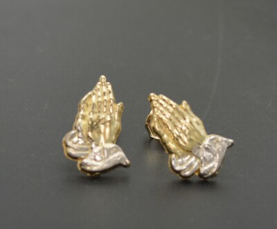 10K Solid Yellow Two Tone Diamond Cut Gold Praying Hands  10kt Yellow Gold Diamond Praying Hands Stud Earrings display picture 1