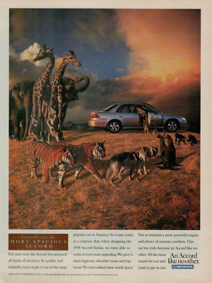 1998 Honda Accord Elephant Giraffe Tiger Wolf Monley Photo Original Print Ad