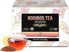 Soeos Organic Rooibos Tea, 9Oz (250G), 100 Tagless Tea Bag, Naturally Caffeine F