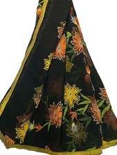 Vintage Georgette Dupatta / Recycled Black Thread Embroidered Scarf LD7298