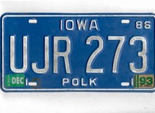 IOWA passenger 1993 license plate "UJR 273" ***POLK***