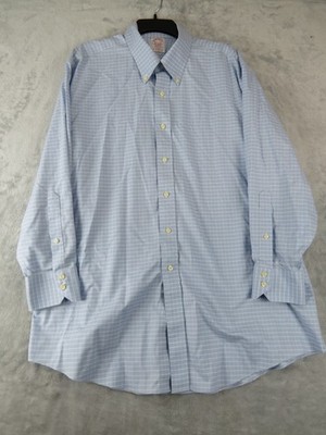 Brooks Brothers Madison Mens Dress Shirt 17.5 33 Light Blue Windowpane Cotton