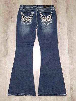 Grace in LA Easy Fit Flared Jeans Size 34 Rhinestone Bling Angel Wings Wide Leg