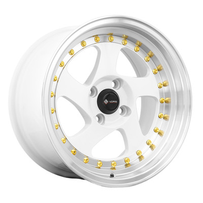 VORS VR2 Rim 15X8 4X100 Offset 20 White Machine Lip Gold Rivet (Quantity of 1)
