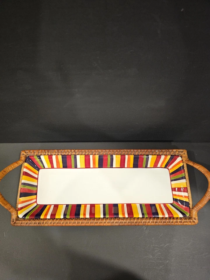 Pampered Chef Woven Selections Striped Serving Platter Wicker Tray Holder - Image 2 of 4