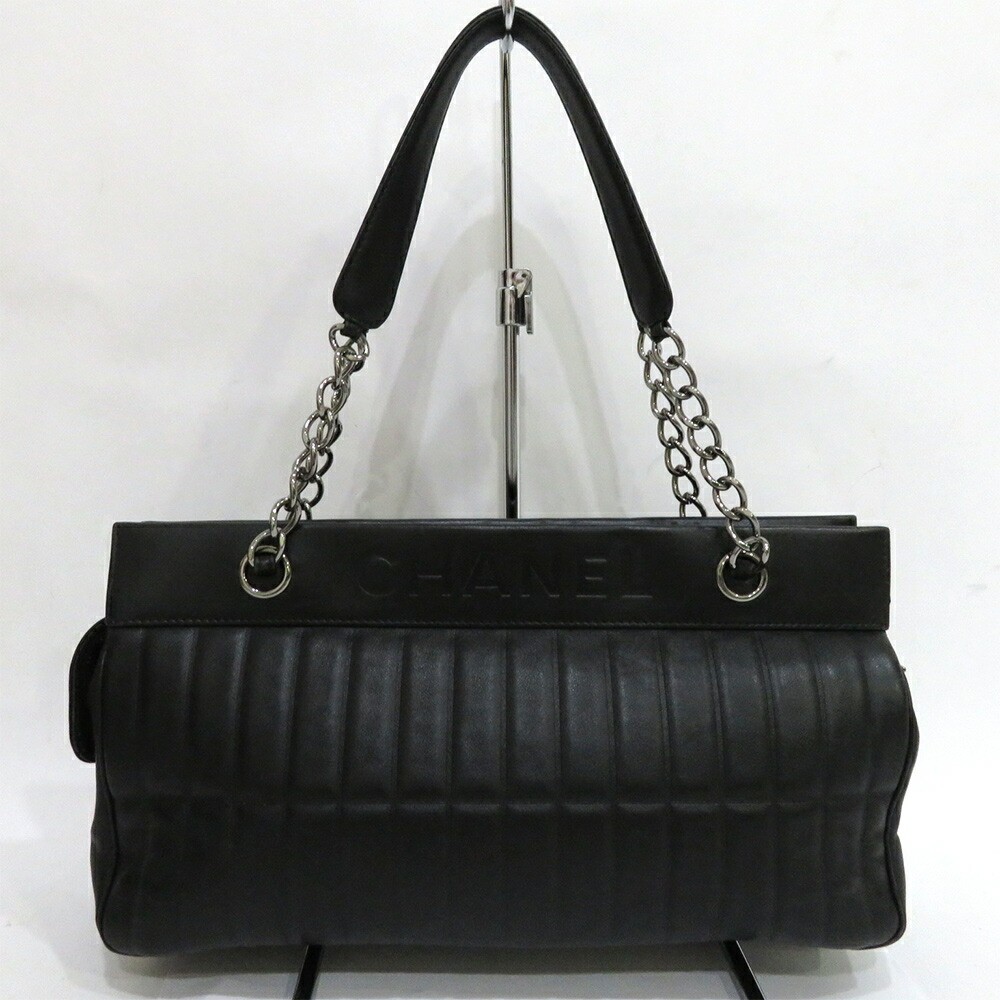 CHANEL Chocolate Bar Tote Bag with Double Chain in Black AB Rank