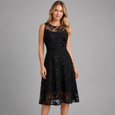 White House Black Market Women Black Cocktail Midi Dress Sz 10 Embroidered Party