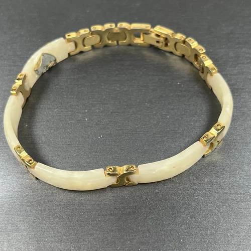 OFF WHITE Bracciale vintage con pannello bianco sporco panna confetti perlati tono oro 7 5"