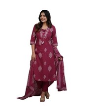 Women's Pure Cotton Printed with Handwork Kurta with Pants and Dupatta Set