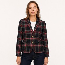J.Crew Schoolboy Blazer Jacket Plaid Tartan Wool Blend Gold Crest Button Size 8