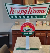 Krispy Kreme Doughnut Sign 2 Sided Steel Metal Wood Plastic Bracket Vintage 26"