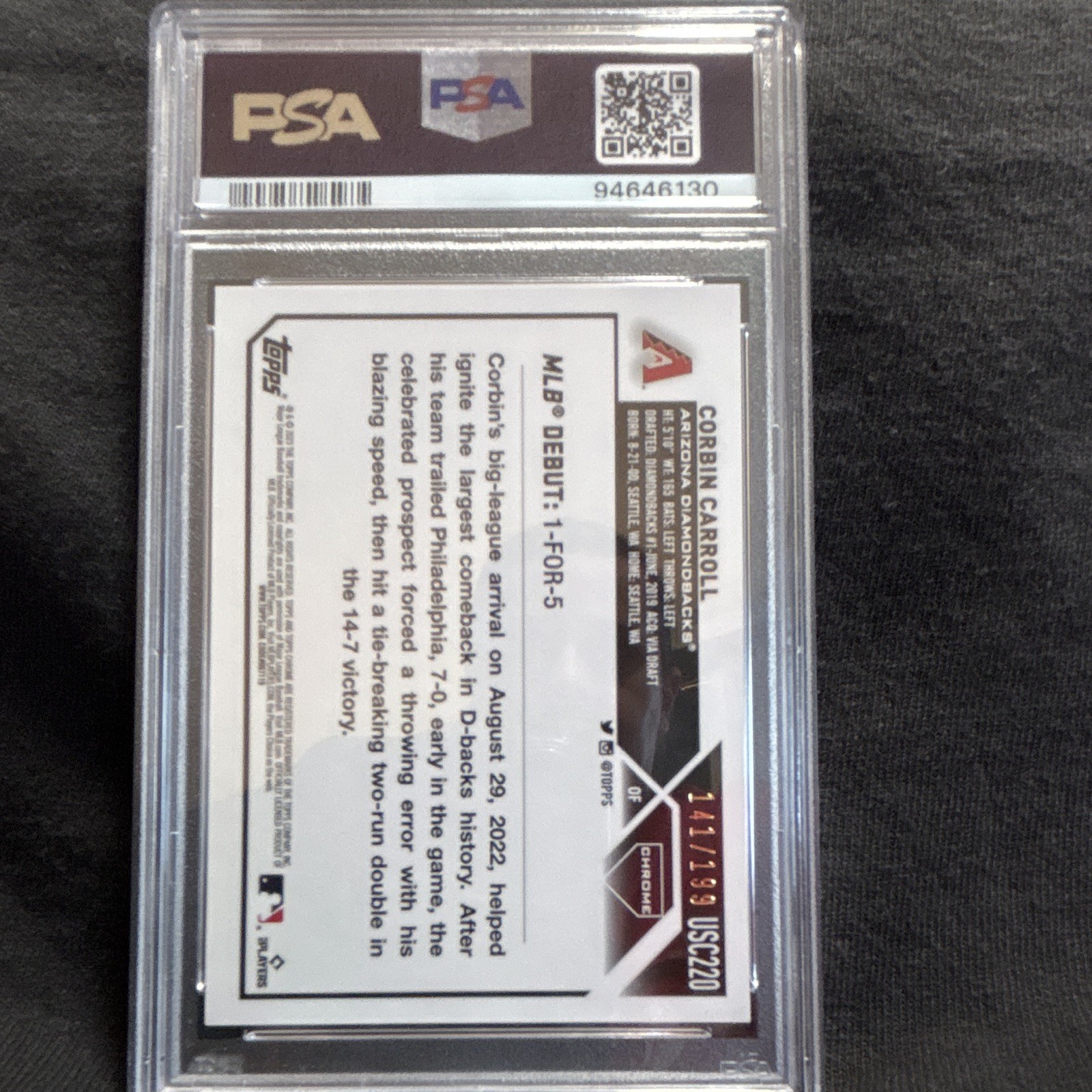 2023 Topps Chrome Update Corbin Carroll Rookie Debut USC220 Aqua /199 PSA 9 view 2