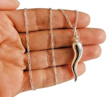 925 Silver Italian Horn Cornicello Charm Pendant Necklace 20" Figaro Chain- SP55
