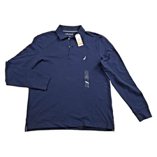 Camisa Polo Nautica Para Hombres Calce Clásico Malla Sólida Mezcla de Algodón Manga Larga Azul Marino S