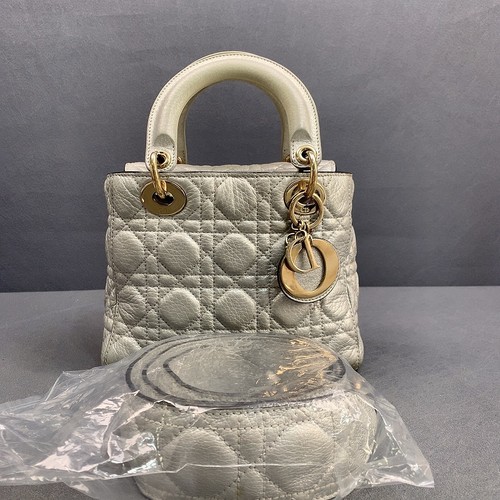 Authentic Dior Lady Dior Small Beige Grained Leather Cannage Bag Gold Hardware