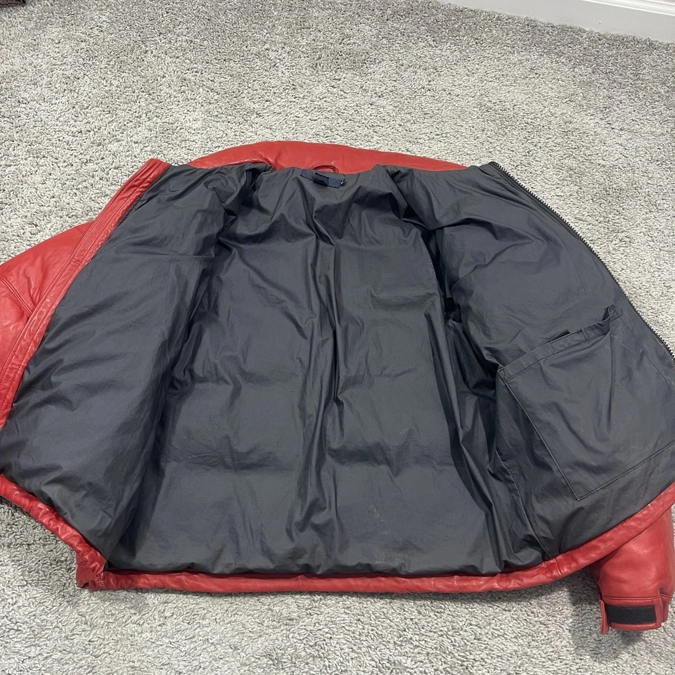 Men’s Red Real Leather Puffer Jacket Vintage Bomber Coat Winter Warm Outerwear - Image 3 of 4