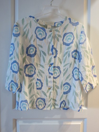 First Issue Linen Blend Blue Sheer 3/4 Sleeve Floral Blouse w/ Button Decor M - Picture 12 of 18