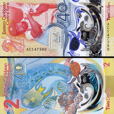 TRiNiDAD THE  2024 リカルド Type2 East Caribbean 2 Dollars 2023 - 2024, UNC, POLYMER, Comm. 40th