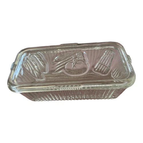 Vintage Federal Glass Clear Refrigerator Dish Box with Vegetable Lid Rib  Tb14