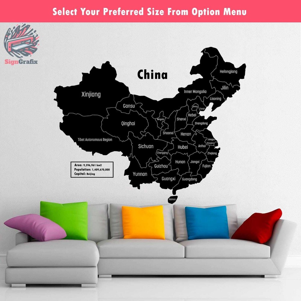 China Map Vinyl Decal with Detailed Province Borders for Walls & Laptops