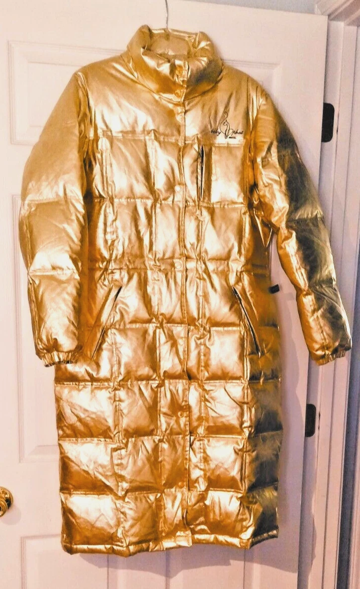 Baby Phat Women s Gold Metallic Quilted Down Feathers Long Coat