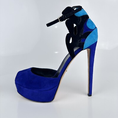 Sergio Rossi Matisse Scalloped Blue Suede Platform Heels Ankle