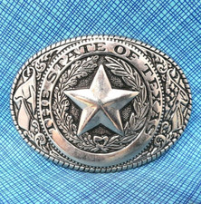 State of Texas Belt Buckle Cowboy Star Flags Scroll Cowgirl Vtg 1980s  .PCB325