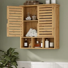 Bathroom Wall Storage Cabinet, Bamboo Medicine Cabinet with Doors and Adjustable