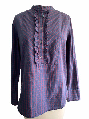 J.Crew Indigo Checkered Plaid Ruffled Button Down Size 0
