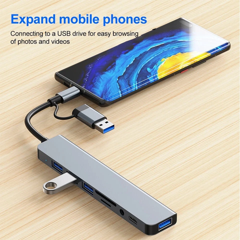 8 in 1 Multiport USB-C Hub Type C To USB 3.0 2.0 Multi-hub Dock Adapter Splitter - Image 4 of 4