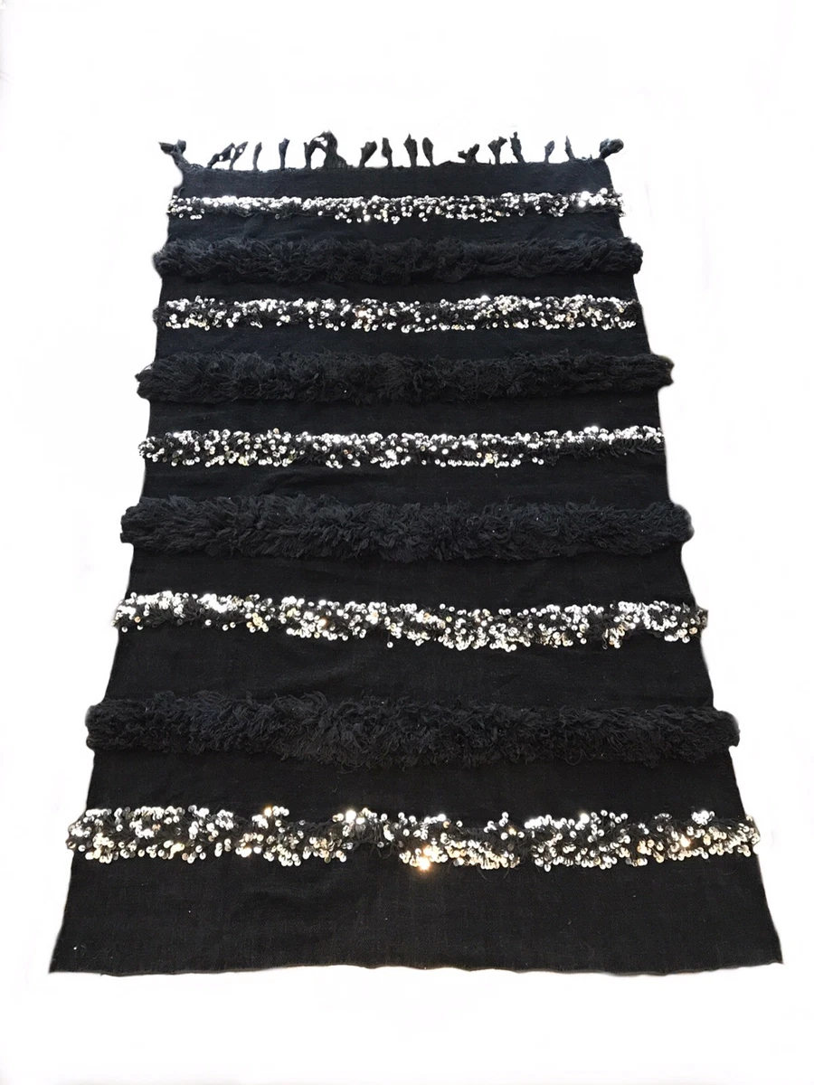 Black Moroccan Wedding Blanket Handira Rug Sequins Bohemian Wallhanging Gorgeous