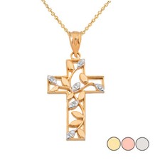 Leafy Cut-Out Two Tone Diamond Cross Pendant Necklace Yellow/Rose/White 
