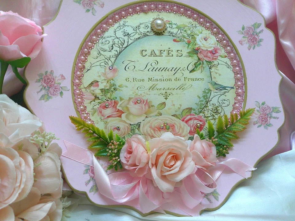 Потертый шик викторианской ~ Lg зарядное устройство пластина w/французский вдохновил графический ~ розовый ~ розы ~ уникальный - Изображение 3 из 4